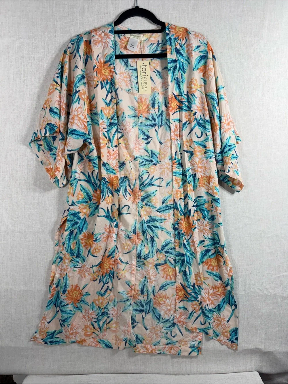 Tori Praver Peach & Teal Floral Long Sleeve Kimono Dress